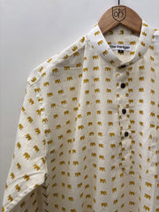 Hand Printed Off-White Short Kurta with Elephant Pattern