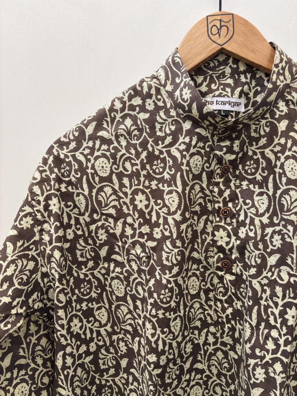 Hand Printed Midnight Brown Short Kurta with Kalamkari Floral Pattern